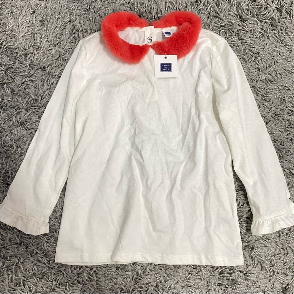 NWT Janie & Jack White Long Sleeve Red Faux Fur Collar Long Sleeve Girl's 12